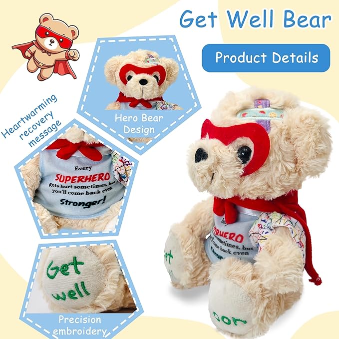 Superhero Get Well Soon Bear - 8" Broken Arm Stuffed Animal with Cape & Mask, Removable Doodle Bandage, Inspirational Gift for Surgery Recovery, Kids, Boys, Girls, Toddlers | Safety Certified Toy
