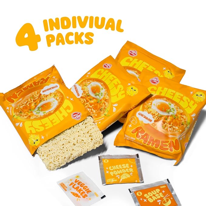 Cheesy Ramen - Cheddar Soup Ramen | Mild Kick, Creamy & Savory Korean Noodles | 3.92 oz (Pack of 4)