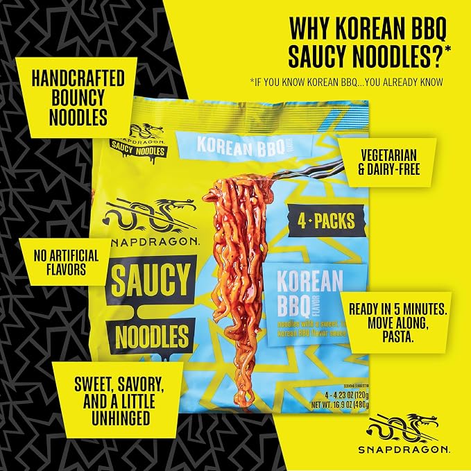 Snapdragon Saucy Instant Noodles with Korean BBQ Slurpable Sauce - Quick Meal, Snack, and Lunch. 4-Pack Microwave Noodles for Cup, Bowl, Ramen or Asian Stir Fry