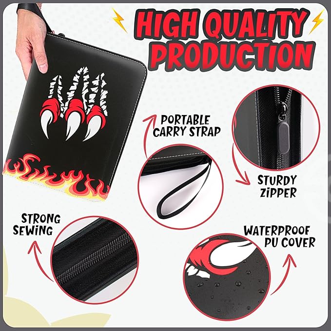 Card Binder 4-Pockets, 400 Pockets Card Holder with 50 Removable Sleeves, Trading Card Collector Zipper Album Holder - Black Red