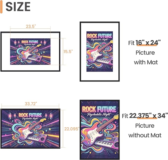 upsimples 22.375 x 34 Poster Frame, Display Pictures 16x24 with Mat or 22.375x34 Without Mat, Wall Hanging Photo Frame, Black, 1 Pack