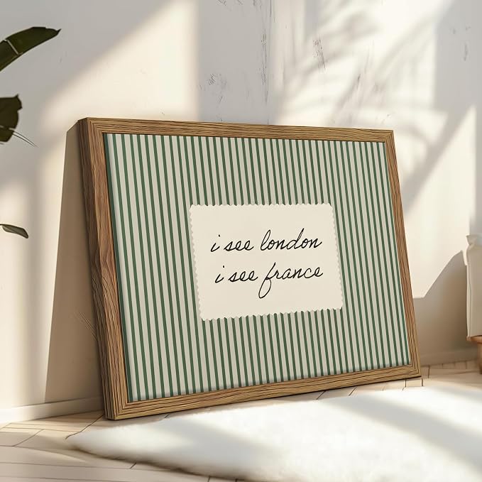 Vintage Quote Wall Art, I See London I See France Funny Bathroom Wall Decor Painting, Minimalist Green Striped Canvas Print Picture for Bathroom Bedroom Living Room 16x24 Inch Framed