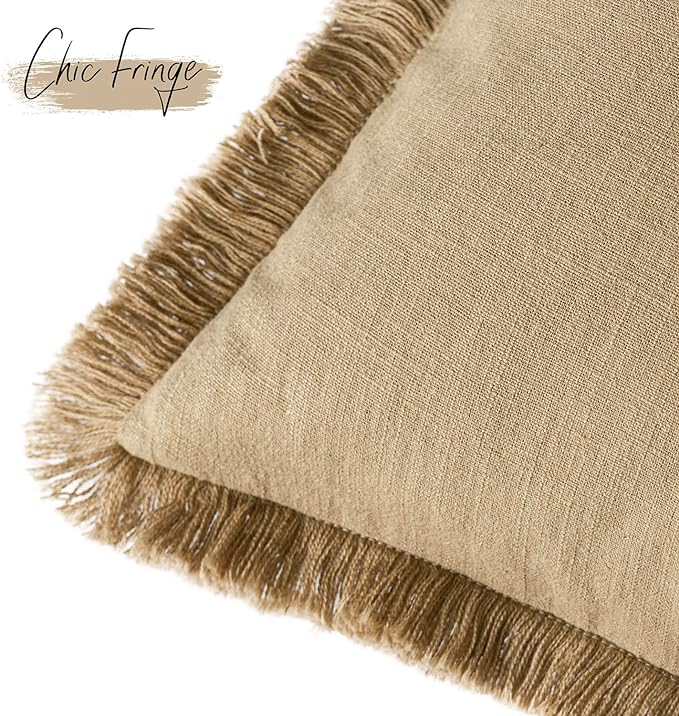 Foindtower Set of 2 Decorative Linen Fringe Throw Pillow Covers Farmhouse Cushion Cover with Tassels Soft Accent Pillowcase for Couch Chair Sofa Bed Living Room Home Decor,16×16 Inch,Light Khaki Taupe