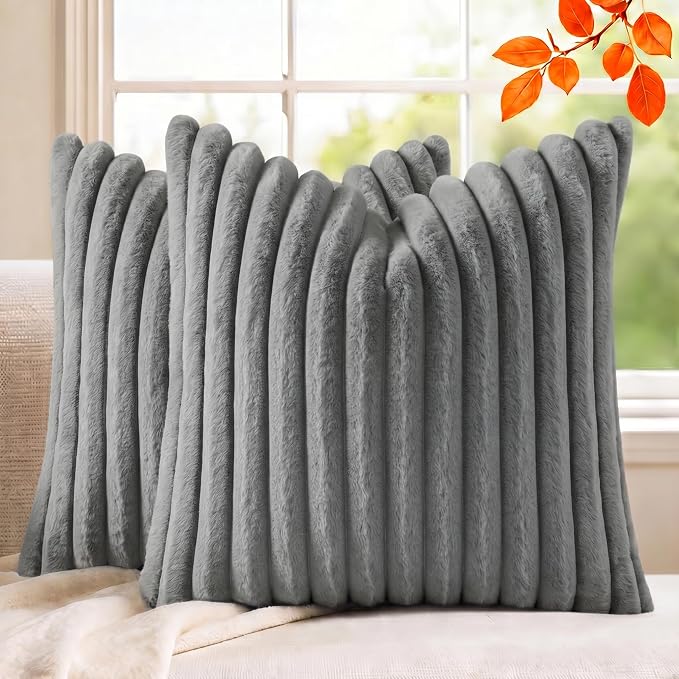 Pack of 2 Throw Pillow Covers 18x18 Decorative Solid Plush Faux Fur with Soft Velvet Back, Square Striped Cushion Cases Modern Farmhouse Home Decor for Living Room Couch Sofa Bed Dark Gray