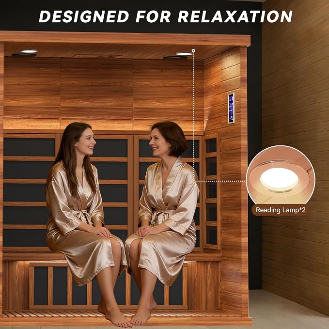 MNLR 3 Person Infrared Home Sauna, 59"x39"x67" Wood Dry Sauna with 2 LED Strips, Low EMF FAR 1500W/120V LCD Heater, Red Light Therapy, RGB Lights, WiFi, BT Speakers, Flame-Retardant Materials