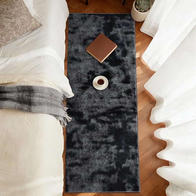 FinRèc 2x8 Washable Runner Rugs for Kitchen Hallway Bedroom, Low Pile Thin Ultra Soft Shag Rug, Non-Slip Carpet Indoor for Home Decor (Tie-dye Dark Grey)