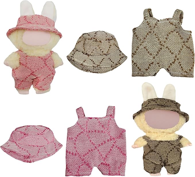 17cm Doll Clothes - 4PCS Clothes and Hats，for 6.7 Inches Pink & Brown Doll Accessories Including 2 Complete Sets of Clothing