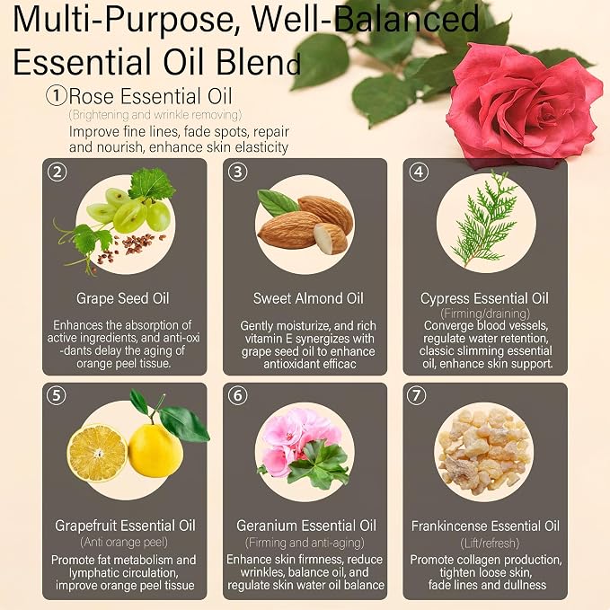 3.4 fl oz Anti-Cellulite Massage Oil with 7 Pure Natural Essential Oils for Body Massage Therapy, SPA, Tightening Skin and Reducing Stretch Marks(Rose Scent)