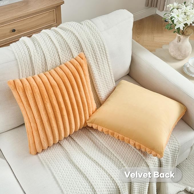 FUTEI Pack of 2 Faux Fur Throw Pillow Covers 18x18 Inch, Orange | Fluffy Faux Rabbit Fur Front/Premium Velvet Back,Hidden Zipper,Machine Washable,Non-Shedding,Colorfast,Insert Not Included.