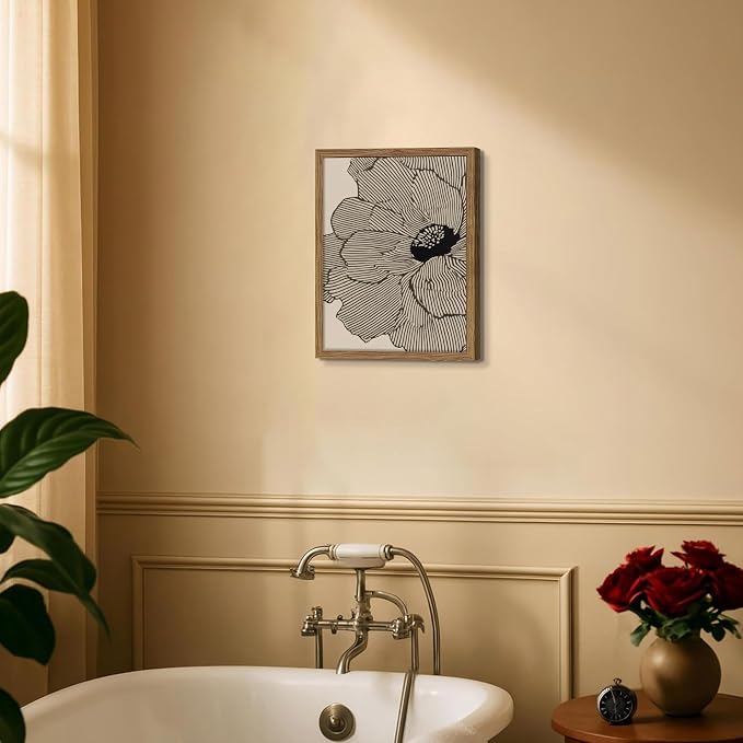 Framed Abstract Floral Wall Art, Neutral Lines Flower Canvas Wall Decor Painting, Modern Minimalist Botanical Poster Print Picture for Living Room Bedroom Bathroom 16x24 Inch