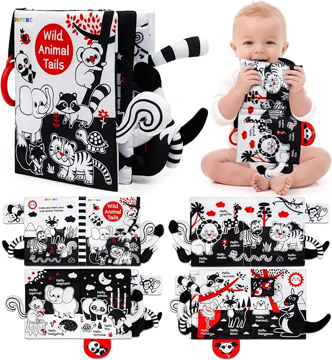 OKOOKO Soft Baby Book Black and White High Contrast Animals Tails Book Bath Toy Montessori Sensory Stroller Toy Non-Toxic Crinkle Washable Early Education for Baby Infant Toddler