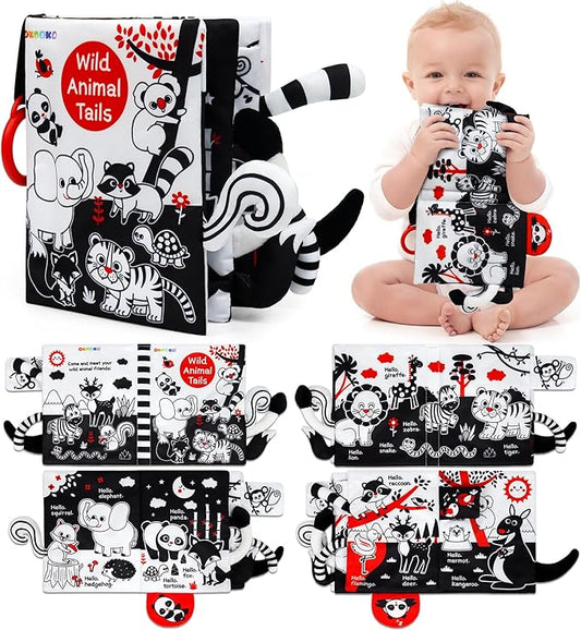 OKOOKO Soft Baby Book Black and White High Contrast Animals Tails Book Bath Toy Montessori Sensory Stroller Toy Non-Toxic Crinkle Washable Early Education for Baby Infant Toddler