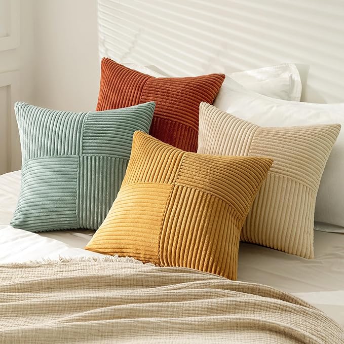 MIULEE Fall Teal-Orange Decorative Throw Pillow Covers 16x16 Inch Set of 4 Boho Corduroy Striped Cushion Cases Modern Farmhouse Patchwork Pillow Cases for Couch Sofa Bedroom Home Decor