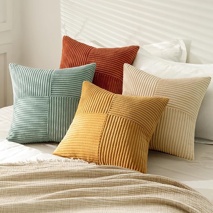 MIULEE Fall Teal-Orange Decorative Throw Pillow Covers 24x24 Inch Set of 4 Boho Corduroy Striped Cushion Cases Modern Farmhouse Patchwork Pillow Cases for Couch Sofa Bedroom Home Decor