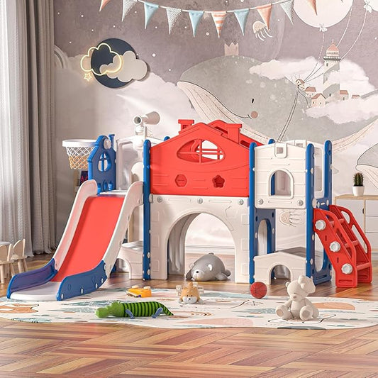 SANDINRAYLI 8-in-1 Indoor Toddler Slide, Kids Slide with Stairs, Outdoor Playground Slides for Kids 3-8, Freestanding Slides with Basketball Hoop, Telescope, Tunnel, and Storage for Boys & Girls