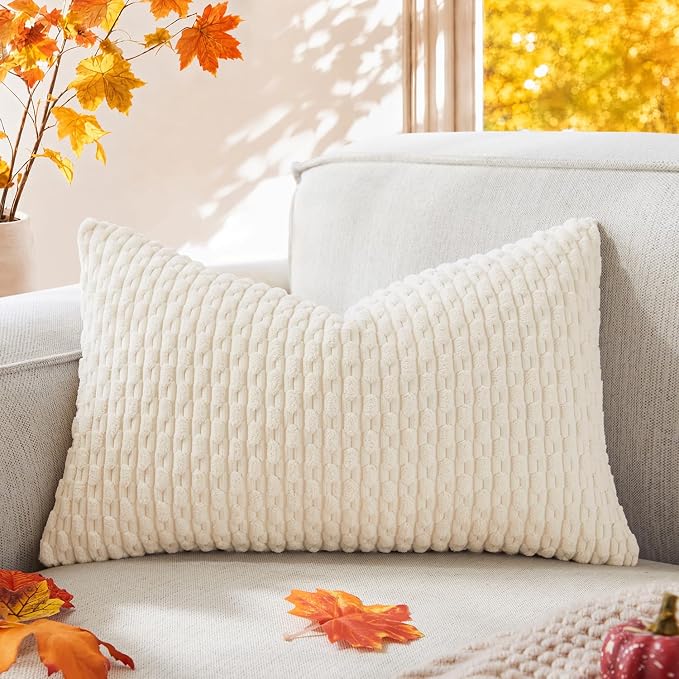 Kevin Textile Soft Corduroy 14"x24" Lumbar Pillow Cover 1 Pack, Cream White | Boho Stripe Plush Corduroy Decorative Oblong Cushion Cover Modern Farmhouse Home Decor for Sofa Couch Bed Chair