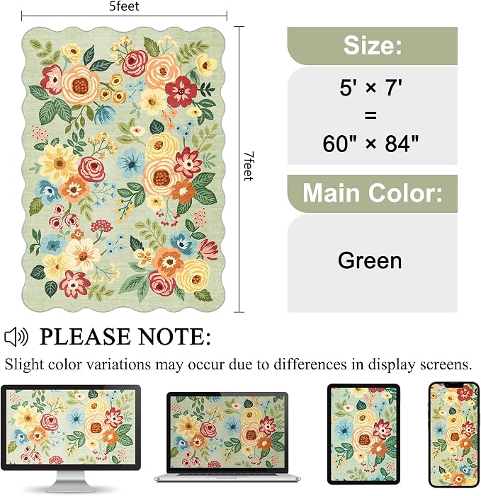DUKINO 5x7 Area Rugs for Bedroom, Floral Washable Rug Non Slip, Green | Low Pile, Soft, Stain Resistant Throw Rugs for Living Room, Dining Room, Office, Nursery, Pet Friendly, Modern Home Decor