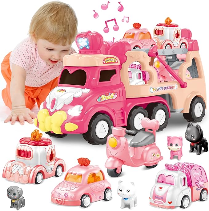 9 in 1 Carrier Truck Cars Toys - Pink Princess Girl Car with Light and Sound - Toddler Toys Age 1-4