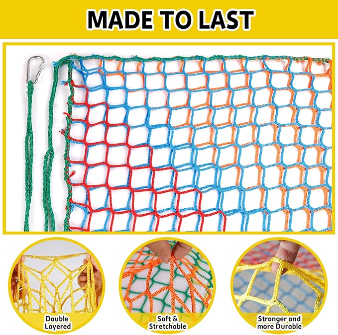 Climbing Net for Kids - 3.3FT x 9.9FT Double Layers Heavy Duty Playground Safety Net, Climbing Cargo Net for Tree House Tree Fort, Back Yard, Jungle Gyms, Monkey Bar Security Mesh（Rainbow）