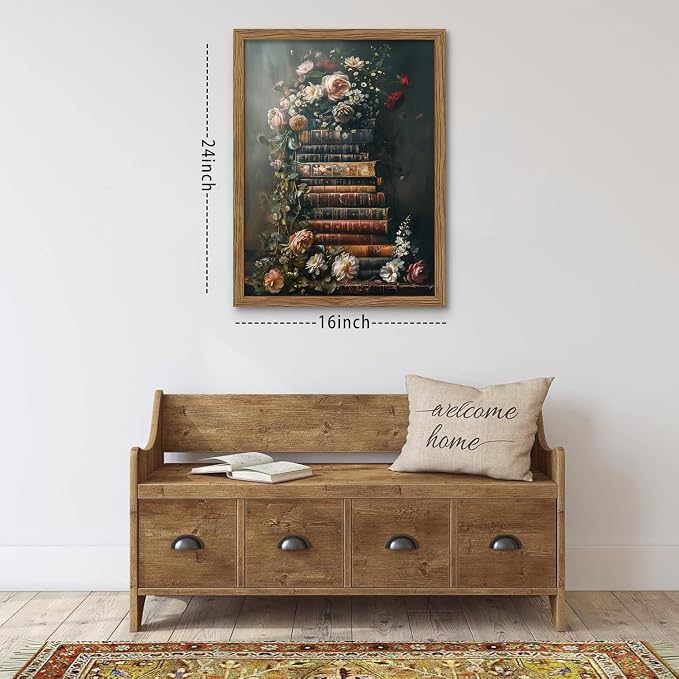 Vintage Framed Wall Art Flowers Books Canvas Prints, Dark Academia Wildflowers Oil Painting, Botanical Book Pictures Artwork for Living Room Bedroom Study – Dark Wooden Frame 16x24in