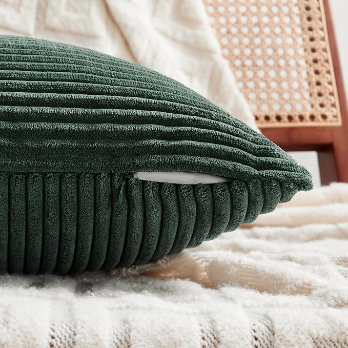 Fancy Homi Set of 2 Dark Green Decorative Throw Pillow Covers 20x20 Inch for Living Room Couch Bed, Boho Farmhouse Forest Green Home Decor, Soft Corss Corduroy Patchwork Textured Cushion Case