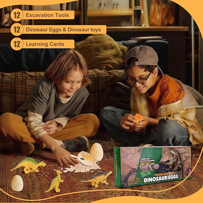 Dinosaur Eggs Toys, 12PCS Dino Eggs Excavation Dig Kit, Dinosaur Fossil Digging Kit Toys for Kids, Dinosaur Party Favors, Archaeology Science STEM Christmas Birthday Easter Digging Gift for Boys Girls