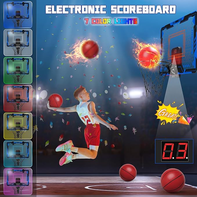 Remote Control Basketball Hoop Indoor for Kids-Over The Door Basketball Hoop with LED Light, Scoreboard, 4 Balls, Air Pump, Bag, Mini Hoop Gift Sport Toy for Boys Girls 3 4 5 6 7 8 9 10 11 12+, Blue