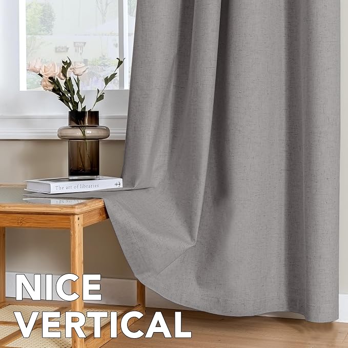 H.VERSAILTEX Linen Curtains 100% Blackout Curtains for Bedroom 90 inch Long Full Light Blocking Nature Linen Blended Window Curtains for Living Room Nickel Grommet (2 Panels, Heathered Dove)