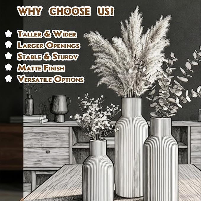 Colorful Ceramic Vases Set of 3, Matte Round Vertical Ribbed,Minimalist for Pampas Dried & Fresh Flowers, Centerpiece for Living Room, Shelf, Entryway, Wedding (Pink, Blue, Yellow)
