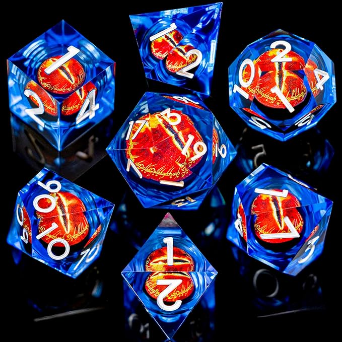 ARUOHHA DND Resin Dice Gazes Eye Dice Silver Blue Liquid Core Flaming RPG Sharp Edged Dice Set with Gift Box, Polyhedral D and D Dice Set Compatible with Dungeons Dragons Role Playing Game D20 D6