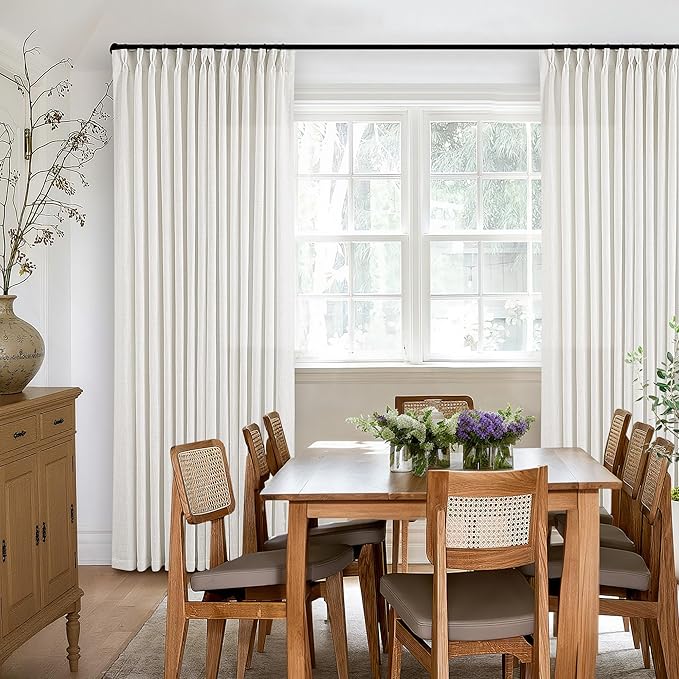 Pinch Pleated Linen Curtains 112 Inches Long for Living Room Bedroom Light Filtering Boho Window Drape 112 inch 2 Panels with Hooks Ring Beige White Ivory Sliding Glass Door Semi Sheer Curtain