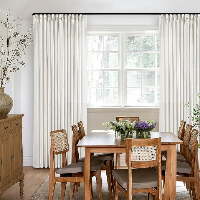 TWODRAPES Beige White Pinch Pleated Linen Curtains 92 Inches Long 2 Panels for Living Room Bedroom Memory Training Shaped Semi Sheer Pleat Drapes with Hooks Rings Light Filtering Window Curtain 40x92