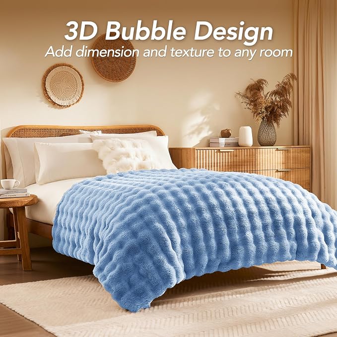 L'AGRATY Faux Rabbit Fur Throw Blanket for Couch, 90'' x 90'', Airy Blue | Soft Cozy Bubble Fluffy Blanket for Sofa Bed, Thick Warm Plush Fuzzy Throw for Room Home Decor, Luxury Gift for Women Mom