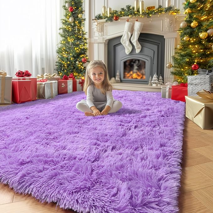 Amdrebio Purple Fluffy Kids Area Rug 4x6 for Girls Bedroom Dorm Nursery | Shaggy Furry Fuzzy Plush Shag Lavender Carpet, Classroom Playroom Living Room Decor, Baby Toddler Corner, Cutecore Aesthetic