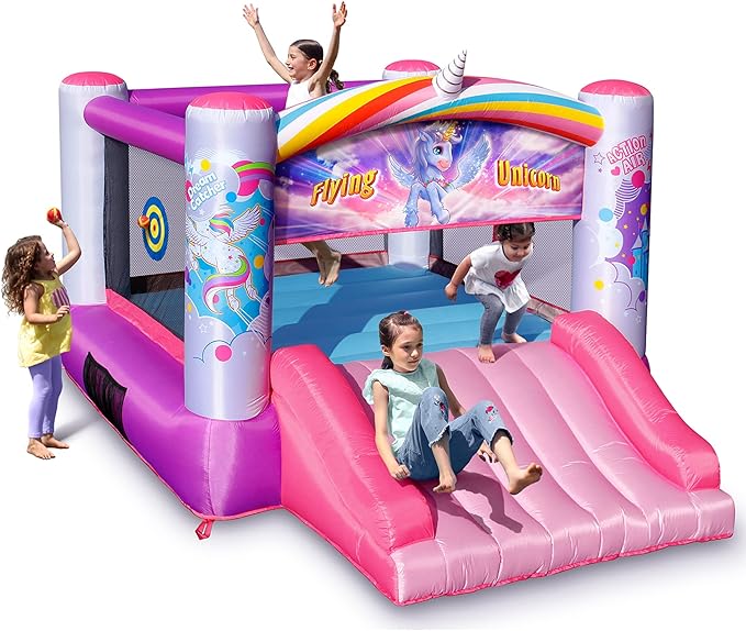 Action Air Bounce House, Princess Inflatable Bounce House with Blower, Pink Bouncy House for Girls, Flying Unicorn Theme Bouncy Castle, Durable Sewn and Extra Thick, Love for Kids