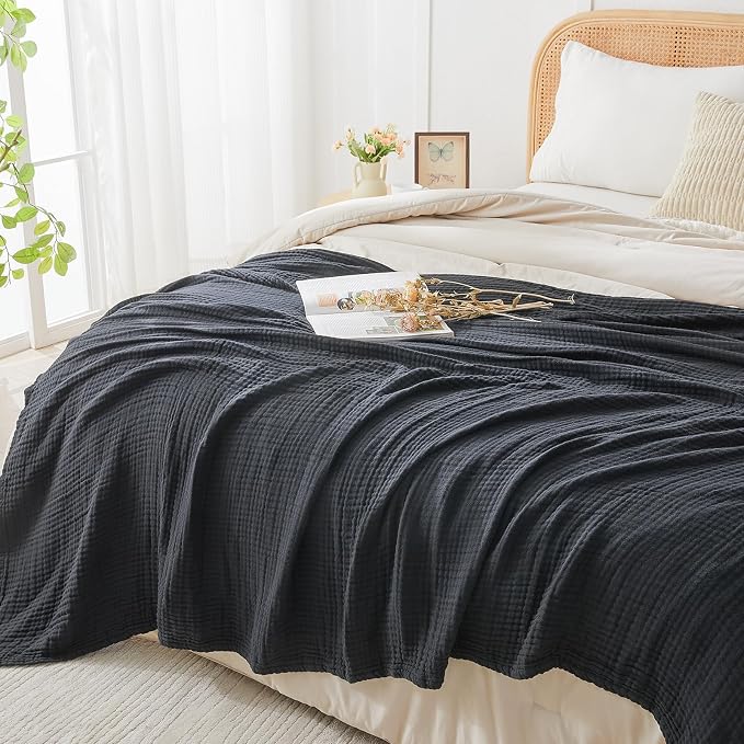 EMME Muslin Blankets for Adults Throw Blanket for Couch Breathable Gauze Soft Lightweight Airy Black Queen 90" x 90"