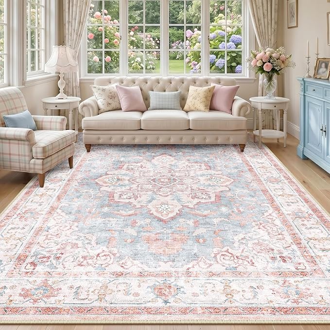 CAPALOCA 7x9 Washable Nursery Girls Low Pile Area Rug Pink Blue | Non-Slip Soft Rugs for Bedroom Kids Playroom Living Room, Print Pattern Water Repellent Carpet Indoor Decor