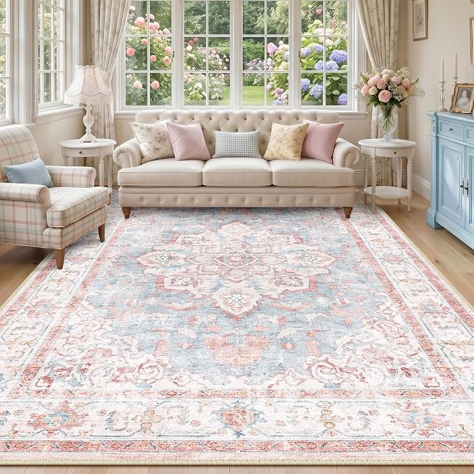 CAPALOCA 9x12 Washable Nursery Girls Low Pile Area Rug Pink Blue | Non-Slip Soft Rugs for Bedroom Kids Playroom Living Room, Print Pattern Water Repellent Carpet Indoor Decor