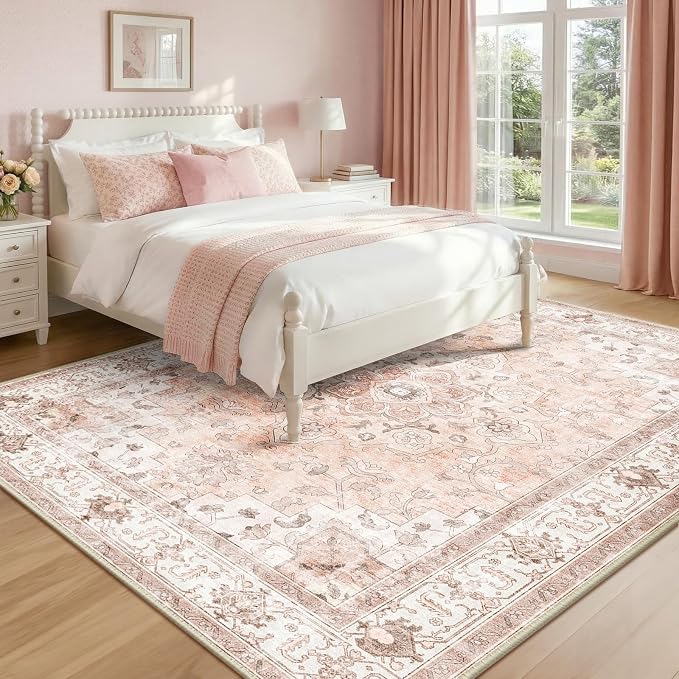 CAPALOCA 6x9 Washable Nursery Girls Low Pile Area Rug Pink | Non-Slip Soft Rugs for Bedroom Kids Playroom Living Room, Print Pattern Water Repellent Carpet Indoor Decor