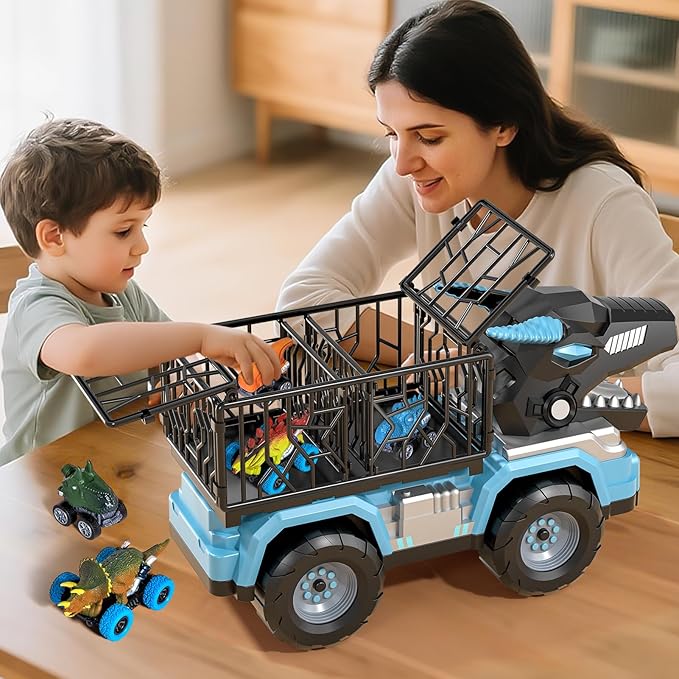 Toddler Robot Dinosaur Truck Toys for Kids Boys Ages 3-5 5-7, Black Carrier Dinosaur Truck with 5 Pull Back Dino Cars, 3 4 5 6 7 Years Old Boys Girls Birthday