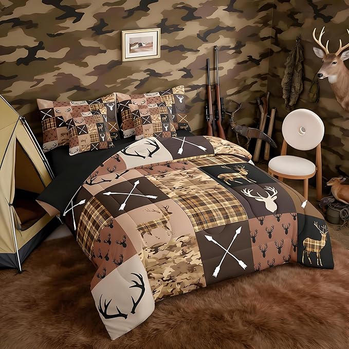 Feelyou Hunting Camo Deer Comforter Set with Sheets 7 Piece Queen Size Rustic Western Farmhouse Bedding Set for Kids Boys Girls Wildlife Animal Bed in a Bag Camouflage Hunter Room Decor Soft