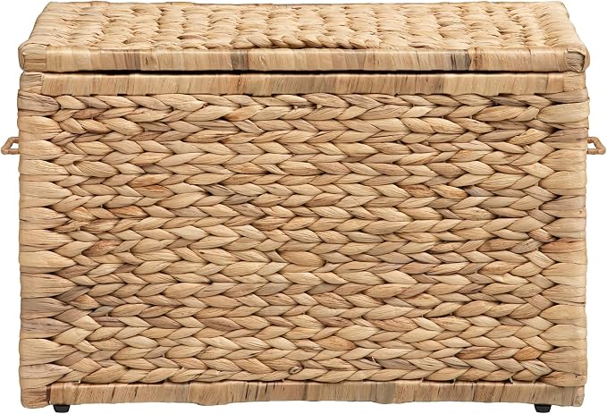 Storage Trunk with Metal Frame, Natural, 20.5 by 14.8 by 13.4 Inches | Safety Hinge, Heavy-duty Wicker Chest, Handwoven Water Hyacinth