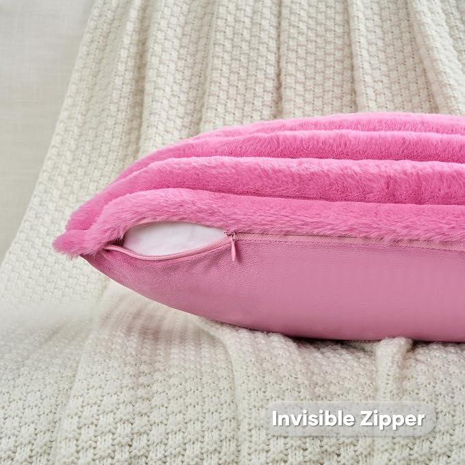 FUTEI Pack of 2 Faux Fur Throw Pillow Covers 26x26 Inch, Hot Pink | Fluffy Faux Rabbit Fur Front/Premium Velvet Back,Hidden Zipper,Machine Washable,Non-Shedding,Colorfast,Insert Not Included.
