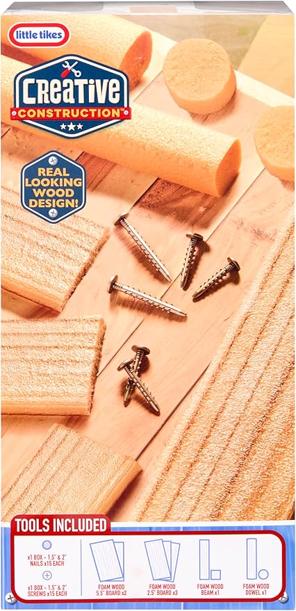 Little Tikes Creative Construction Wood, Nails, & Screws Bundle with 9 Refill Items, Pretend Play Construction Set, for Boys and Girls Ages 3+ Years