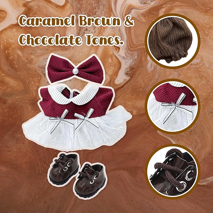 Handmade Clothes for 17cm LA B UBU，Suitable for 17cm Doll Accessories, Cute Clothing, Cute Clothes for Dress up Unique Style- Burgundy Skirt +Brown Shoes + Burgundy Bow