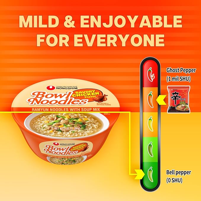 Nongshim Savory Chicken Noodle Soup Instant Ramen, 12 Pack, Microwaveable Bowl Soup Mix, Korean Ramyun with Cabbage & Carrots, Sabor a Pollo