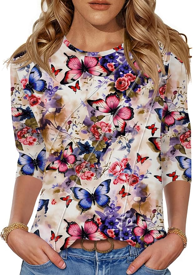 LOMON 3/4 Length Sleeve Womens Tops Spring Summer Fashion 2026 Tops Crew Neck Pleated Shirts Tunic Top Loose Fit