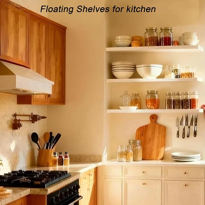 ROGMARS 24 Inch White Paulownia Wood Floating Shelves Set of 3 | Hidden Bracket Space Saving Wall Shelves for Small Apartment | Wall Mounted Storage Shelves for Living Room Kitchen Bedroom