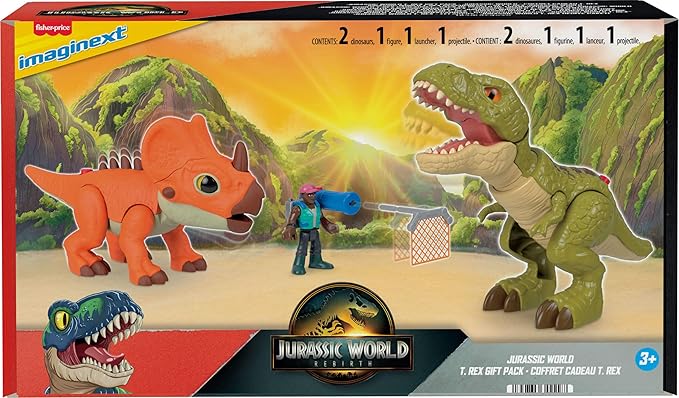 Fisher-Price Imaginext Jurassic World Rebirth Playset, T. tex Toy Gift Pack with 3-inch Human Action Figure, 2 Dinosaurs & Accessories