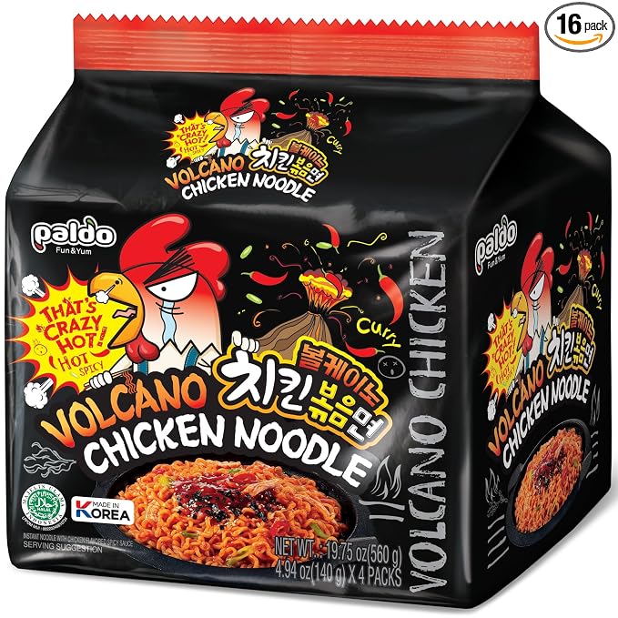 Paldo Fun & Yum Volcano Extremely Hot & Spicy Stir Fried Chicken Instant Noodles, Pack of 16, Soupless Original Korean Ramyun, Spicy Ramen Challenge, Chicken Bokkeummyun, 140g x 16
